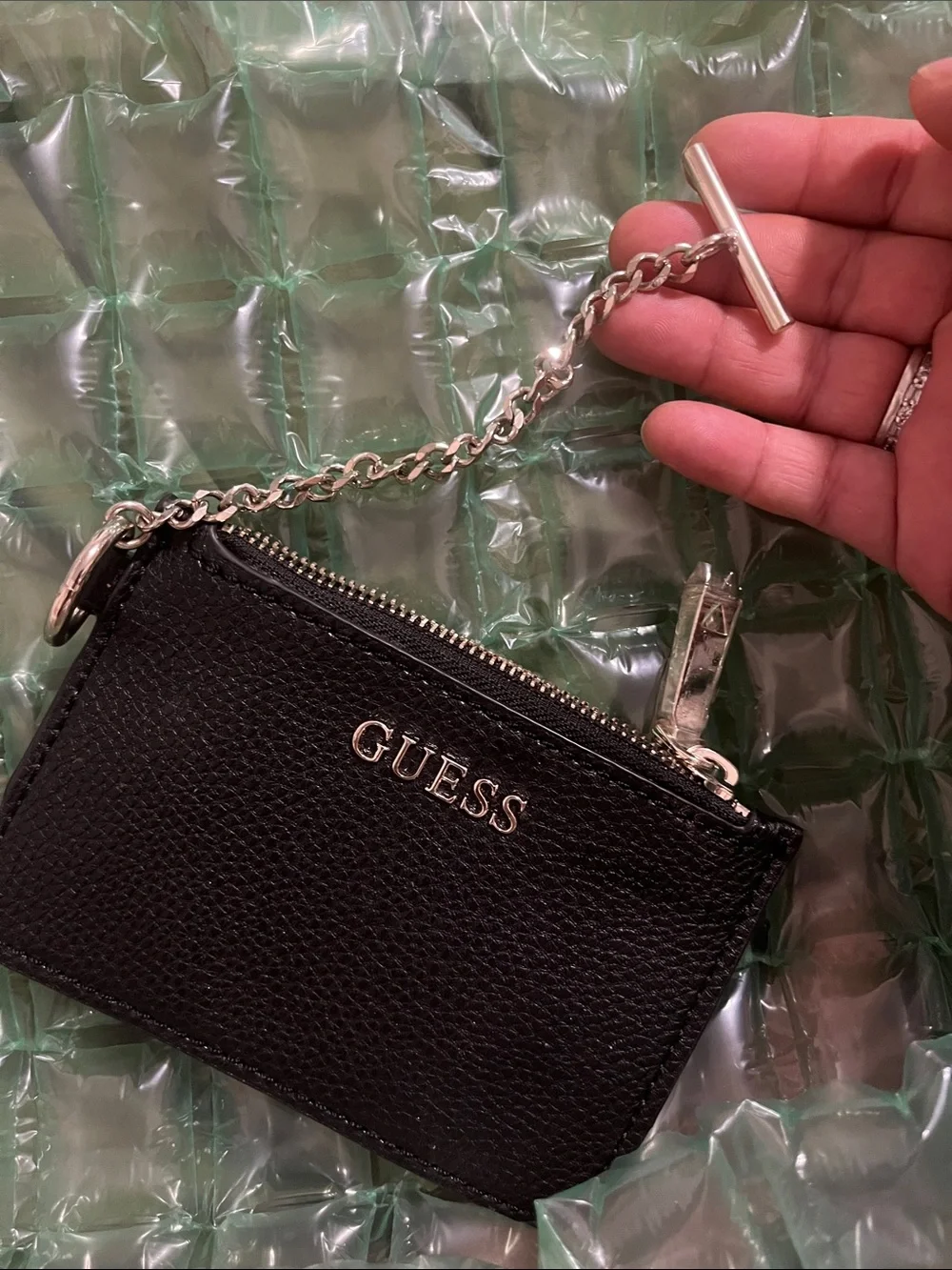 Guess Black Pebbled Leather Key & Card Pouch with Silver Hardware